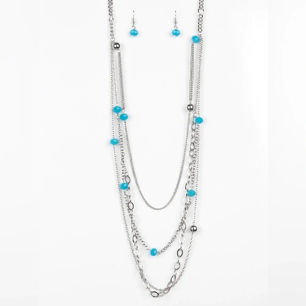 Glamour Grotto Paparazzi Silver Blue Beaded Necklace & Earrings Set - Picture 2 of 3